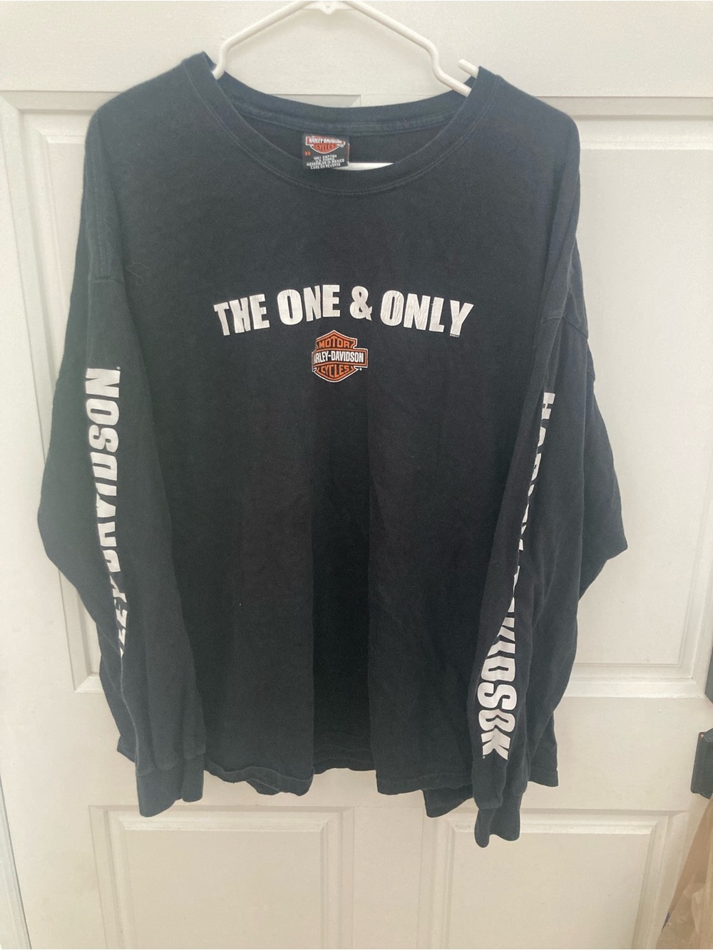 Harley-Davidson Black Long Sleeve Tee with White Sleeve Text and Orange Shield